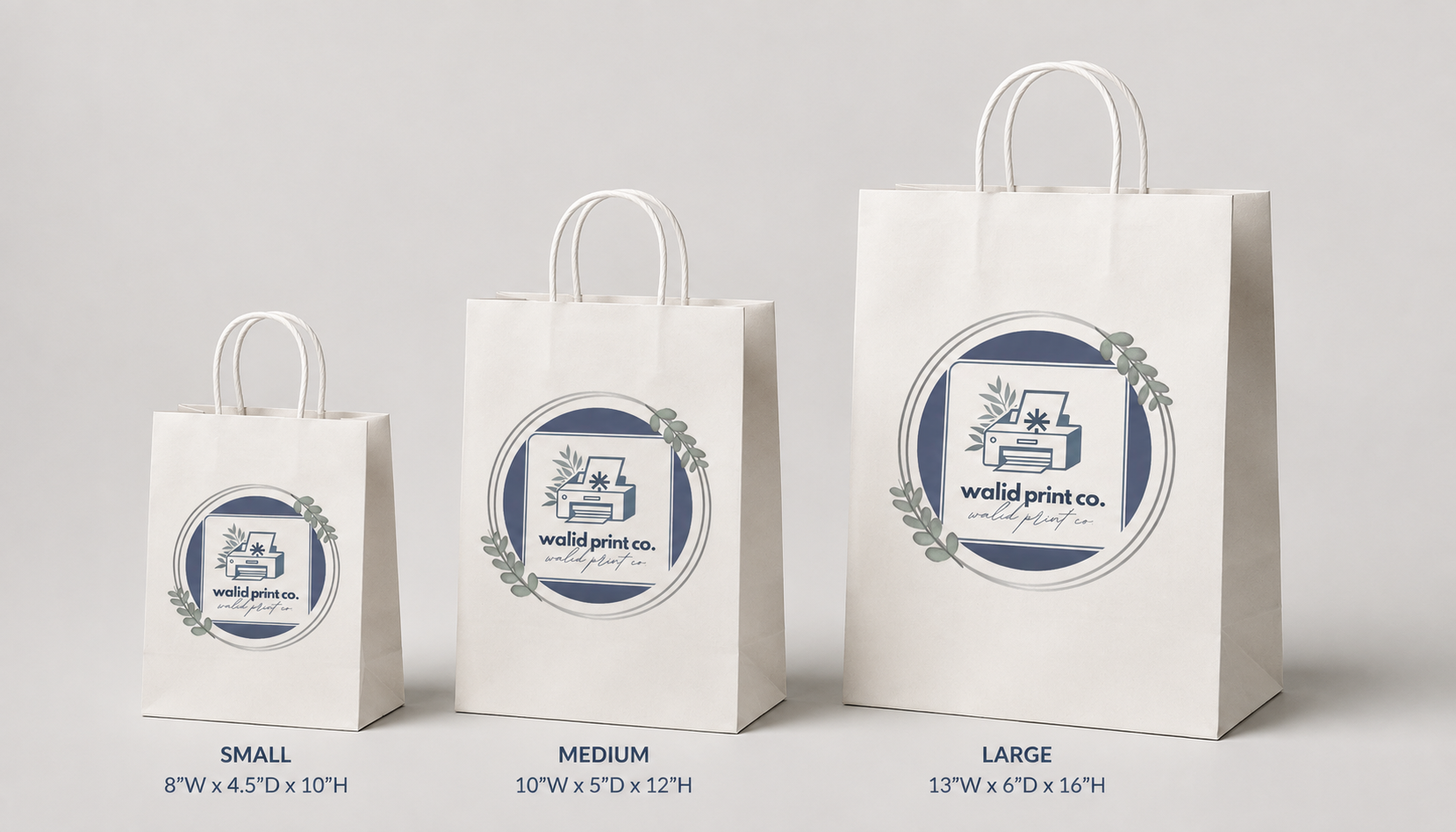Branded WalidPrintCo paper shopping bags in three sizes