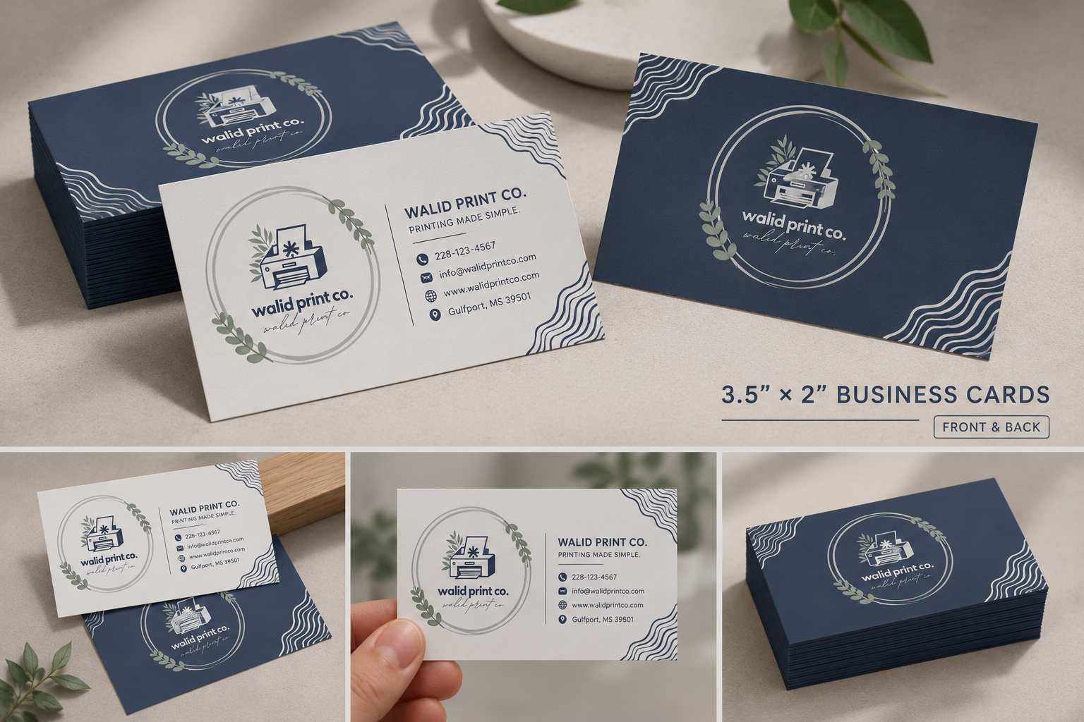 Stacks of WalidPrintCo business cards in navy and cream