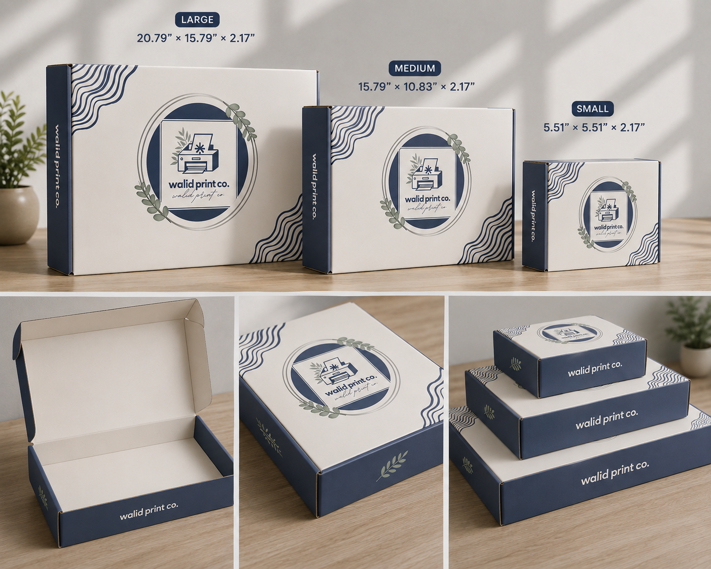 Custom WalidPrintCo mailing boxes in three sizes