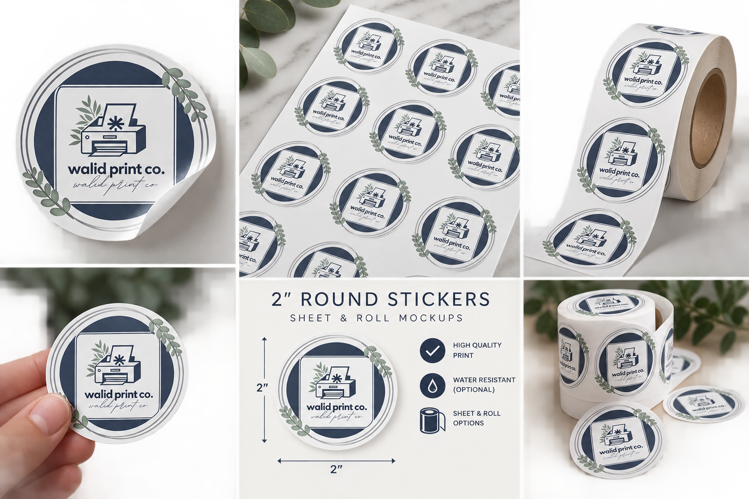 Round WalidPrintCo stickers on sheets and rolls